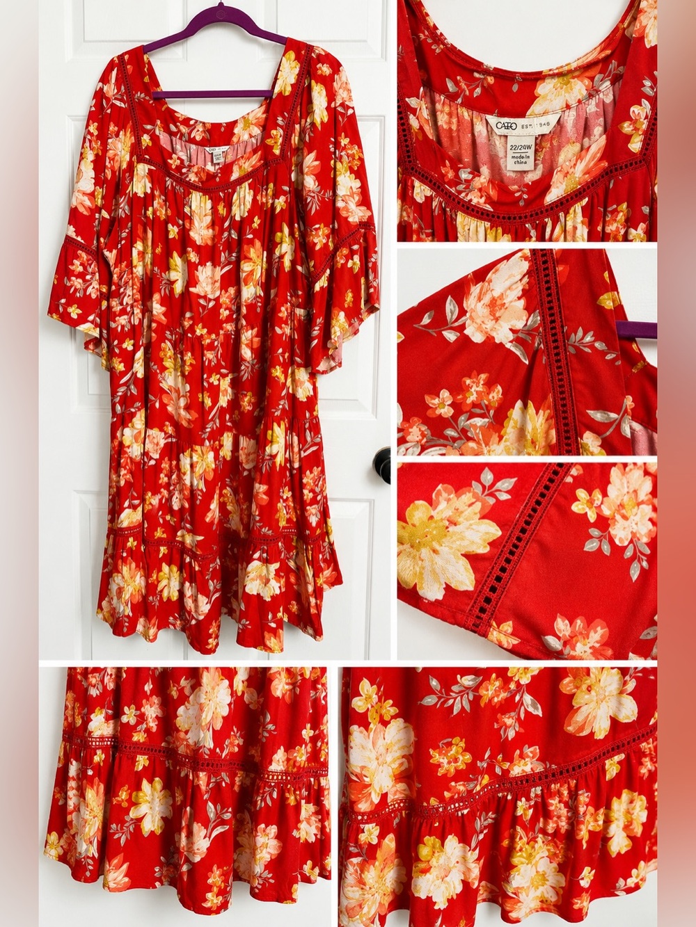 Cato Plus Size 22/24 Red Floral Boho Dress | Flowy Square Neck Bell Sleeve
